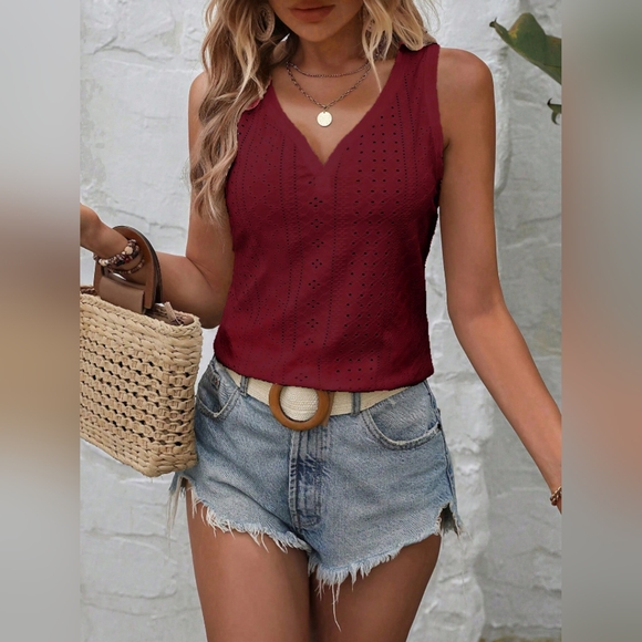 Eyelet V-Neck Wide Strap Tank Top. Hit The Like ♡ Button For SALE Price!! - Picture 3 of 4